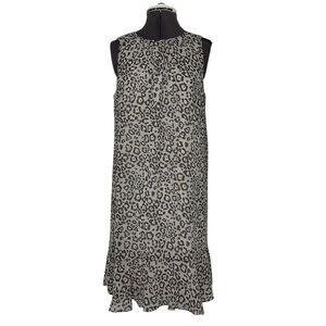 Ann Taylor Loft Brown Animal Print Sleeveless Ruffle Hem Preppy Shift Dress M